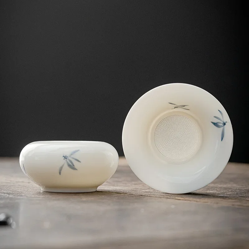 Ceramic Hand Painted Orchid Tea Strainer Filter Set Brewing Separator Matte Kung Fu Tea Accessory