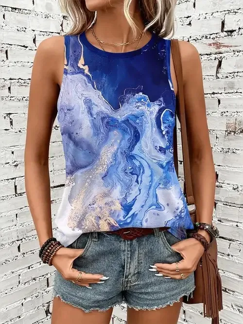 New Marble Gradient Texture 3D Print Tank Tops Women O-Neck Floral Vest Off Shoulder Y2k Sleeveless Camisole Woman Top Clothing