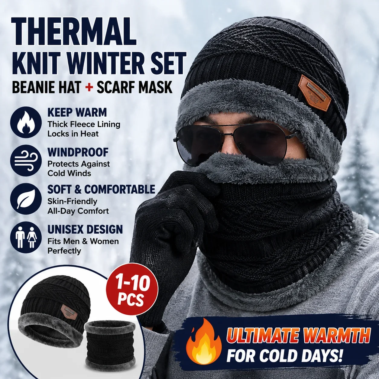 Winter Warm Knit Beanie Scarf Fleece Lined Thermal Hat Neck Warmer for Skiing Hiking Cold Weather Outdoor Activities Winter