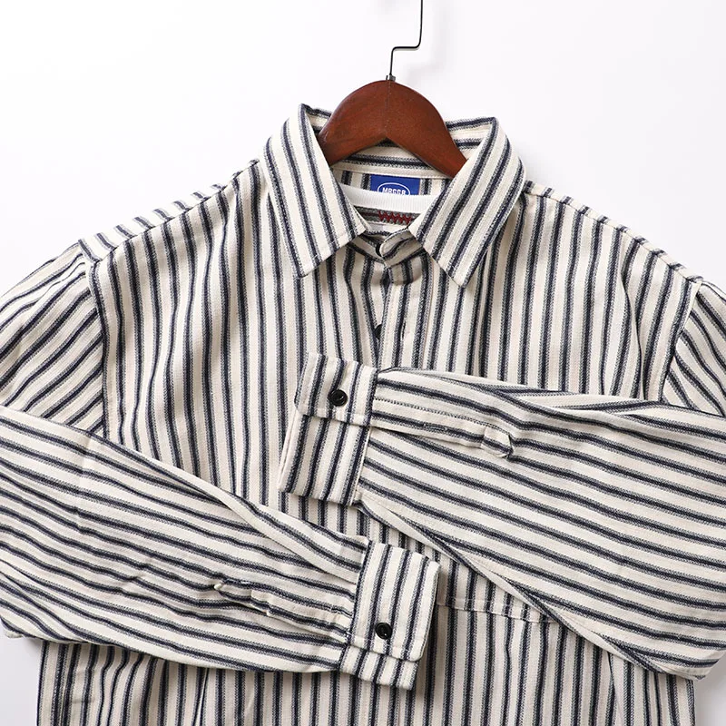 

Высококачественная мужская свободная хлопковая рубашка с длинным рукавом, винтажная, с вертикальными полосками, повседневная, подходит для ношения поверх одежды, модная.