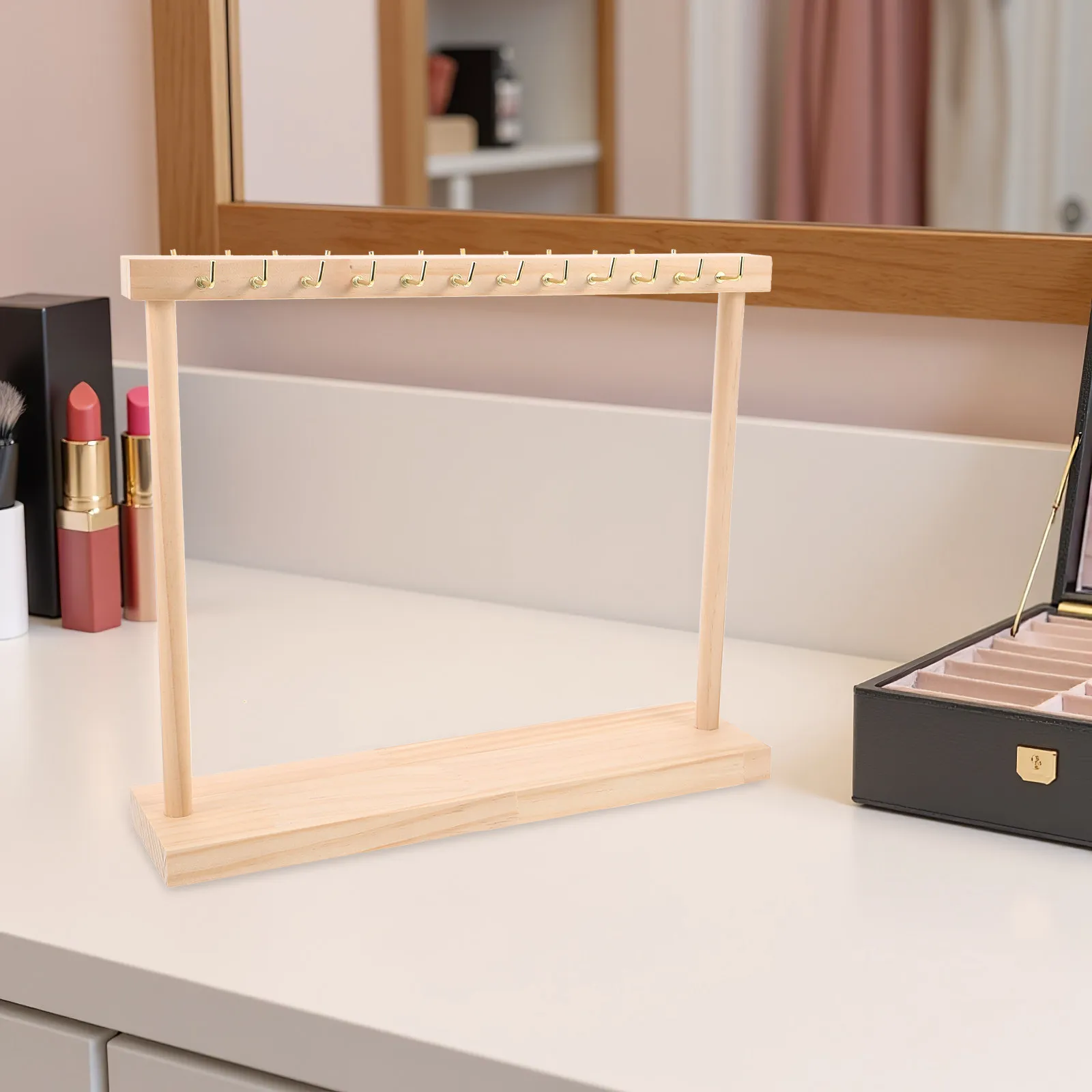 

24-Hook Wood Necklace Stand Double-Sided Jewelry Display Rack Solid Wood Organizer for Necklaces Bedroom Closet Travel Storage