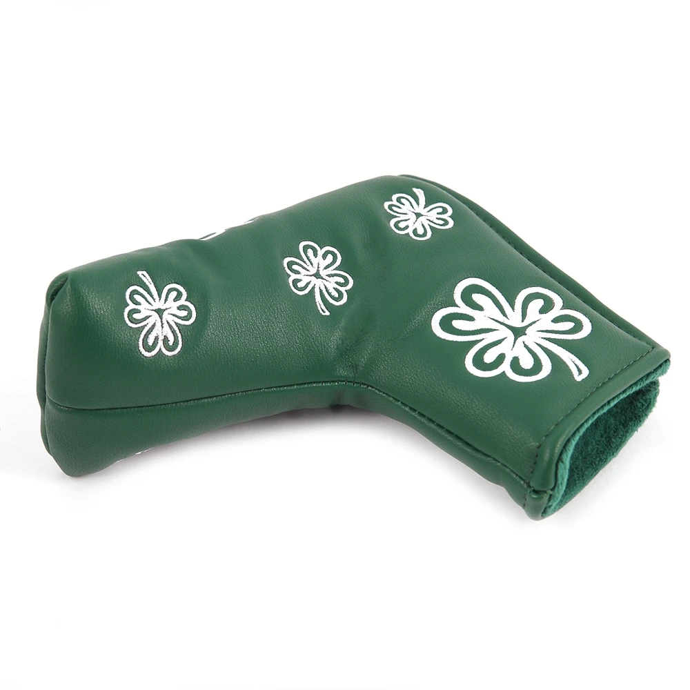 Green PU Leather Shamrock Embroidery Golf Club Magnetic Closure Blade Mallet Putter Covers