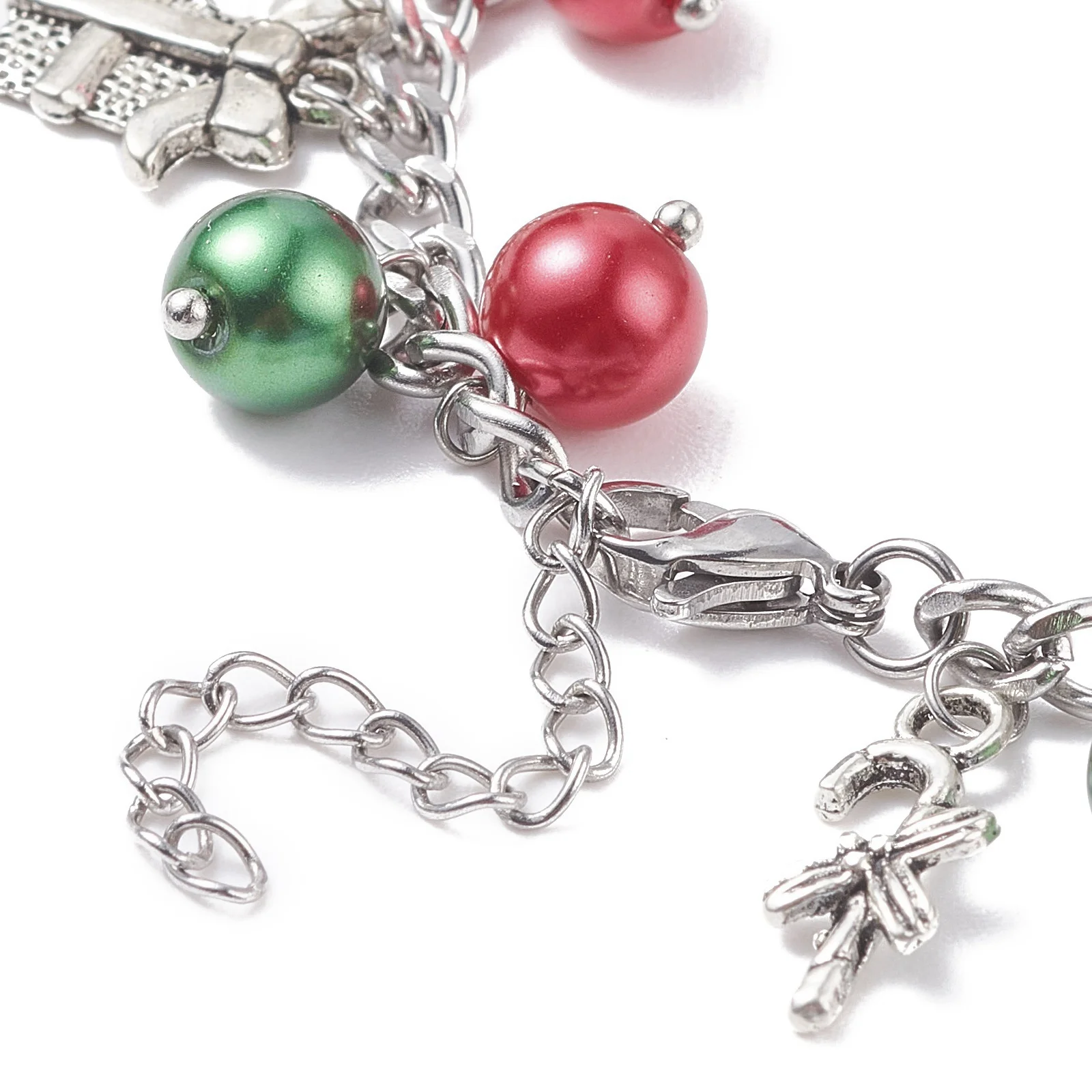 Kissitty 20Pcs Antique Silver Color Christmas Tree Snowflake Reindeer Alloy Charm Glass Pearl Bracelet with Curb Chain for Women