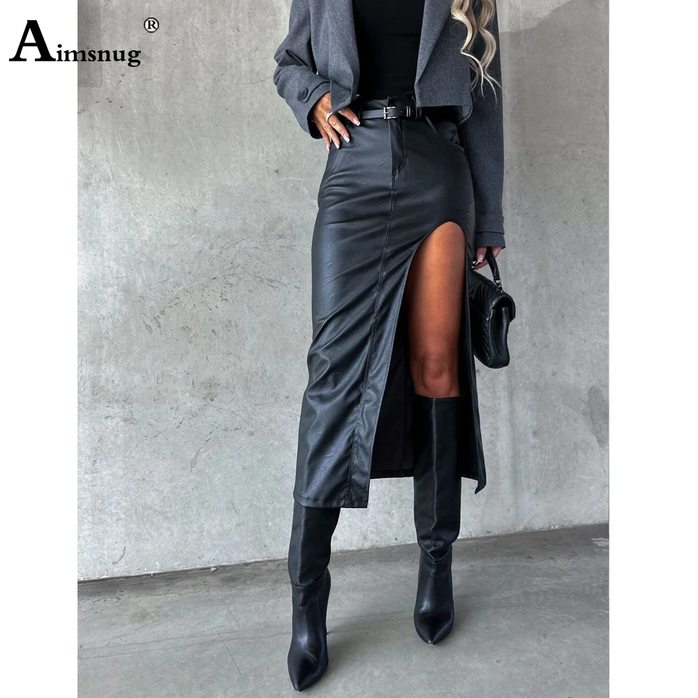 

Women High Cut Fashion PU Leather Skirts 2025 European Sexy Grunge Disco Mid-calf Pencil Bodycon Lady Slim Faux Leather Outfits