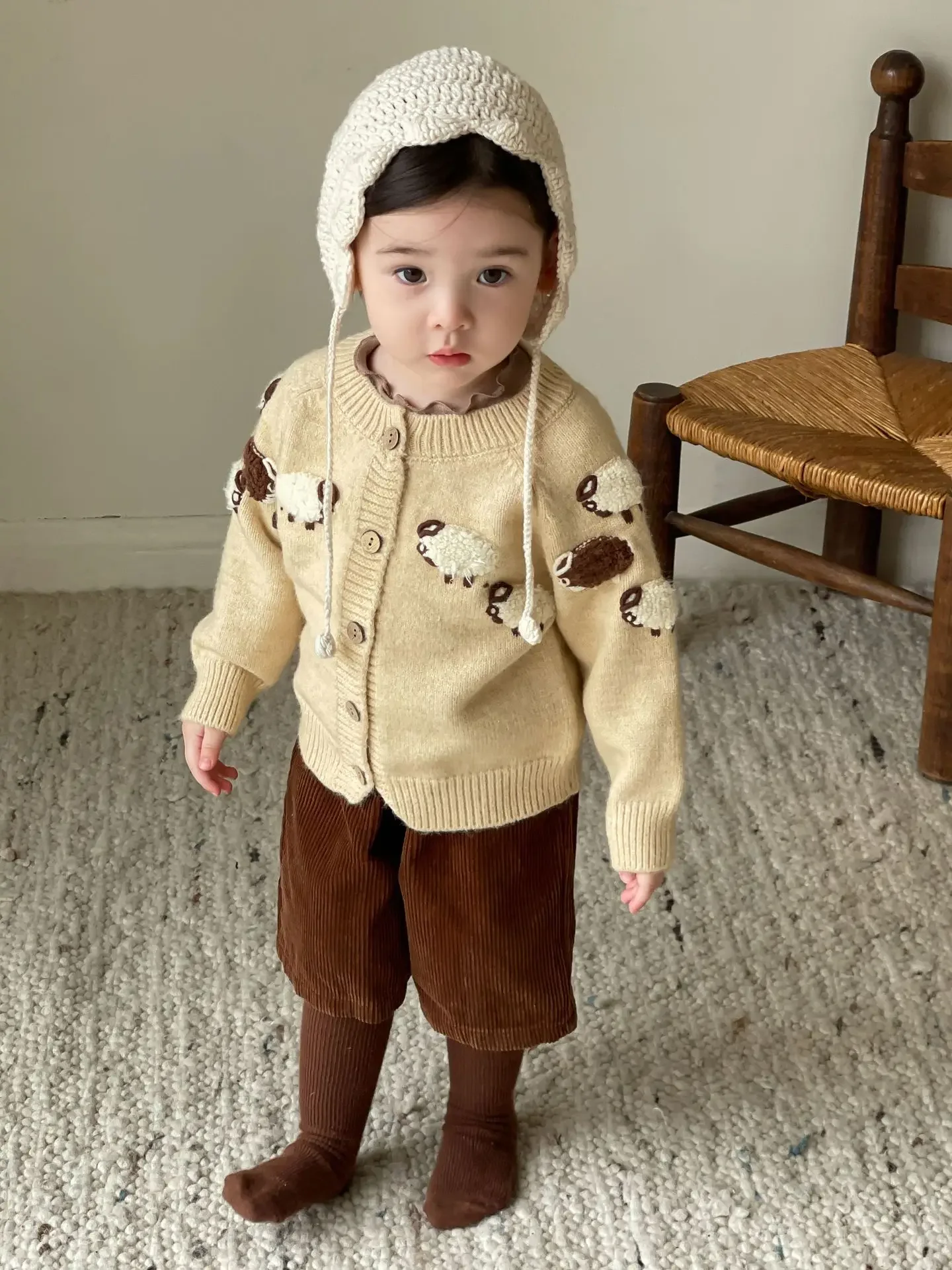 Girls Sweater 2024 Autumn New Childrens Clothing Girls Baby Foreign Style Small Sheep Knitted Cardigan Casual Simple and Lovely