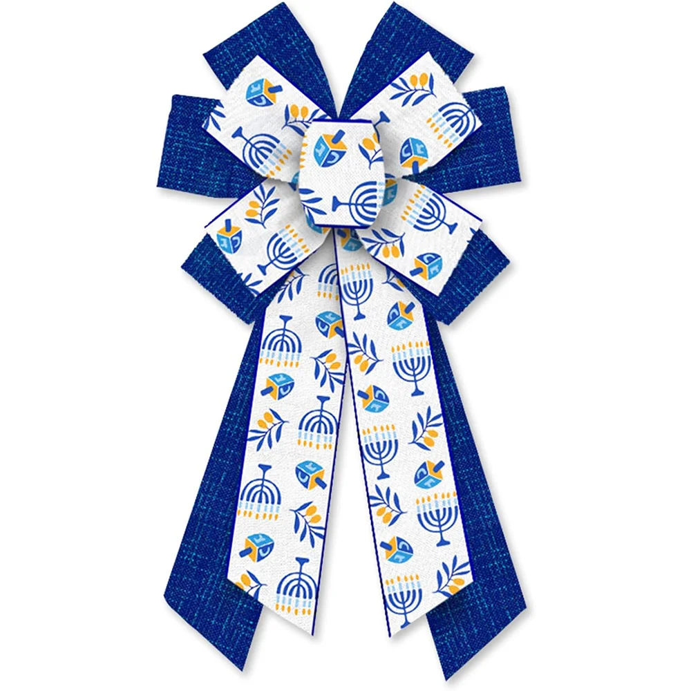 Lazo grande de Hanukkah para corona, lazo de arpillera azul, velas de Menorá judía, adornos, lazos artesanales de estrella de David para decoración de fiesta de Hanukkah