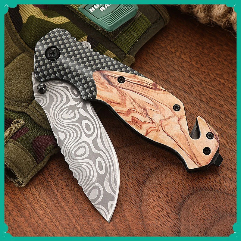 Folding Knife Outdoor Camping Survival High Hardness Folding Knife Portable Multi-Purpose Damascus Pattern Pocket Knife