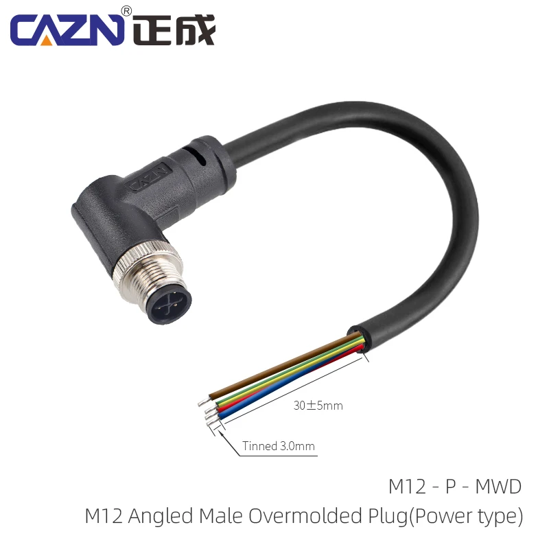 Power Type M12 Overmolded Unshielded Plug Straight Right Angled 3/4 Pin IP67 S-code 1 Meter PVC Wire Sensor Connector