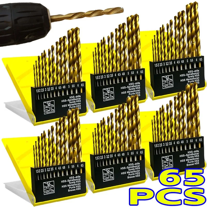 

65/13Pcs Bearing Steel Twist Drill Bit Sturdy Wear Resistant 135° Shaped Tip Anti Slip Quick Chip Wood Thin Repair Drilling Tool