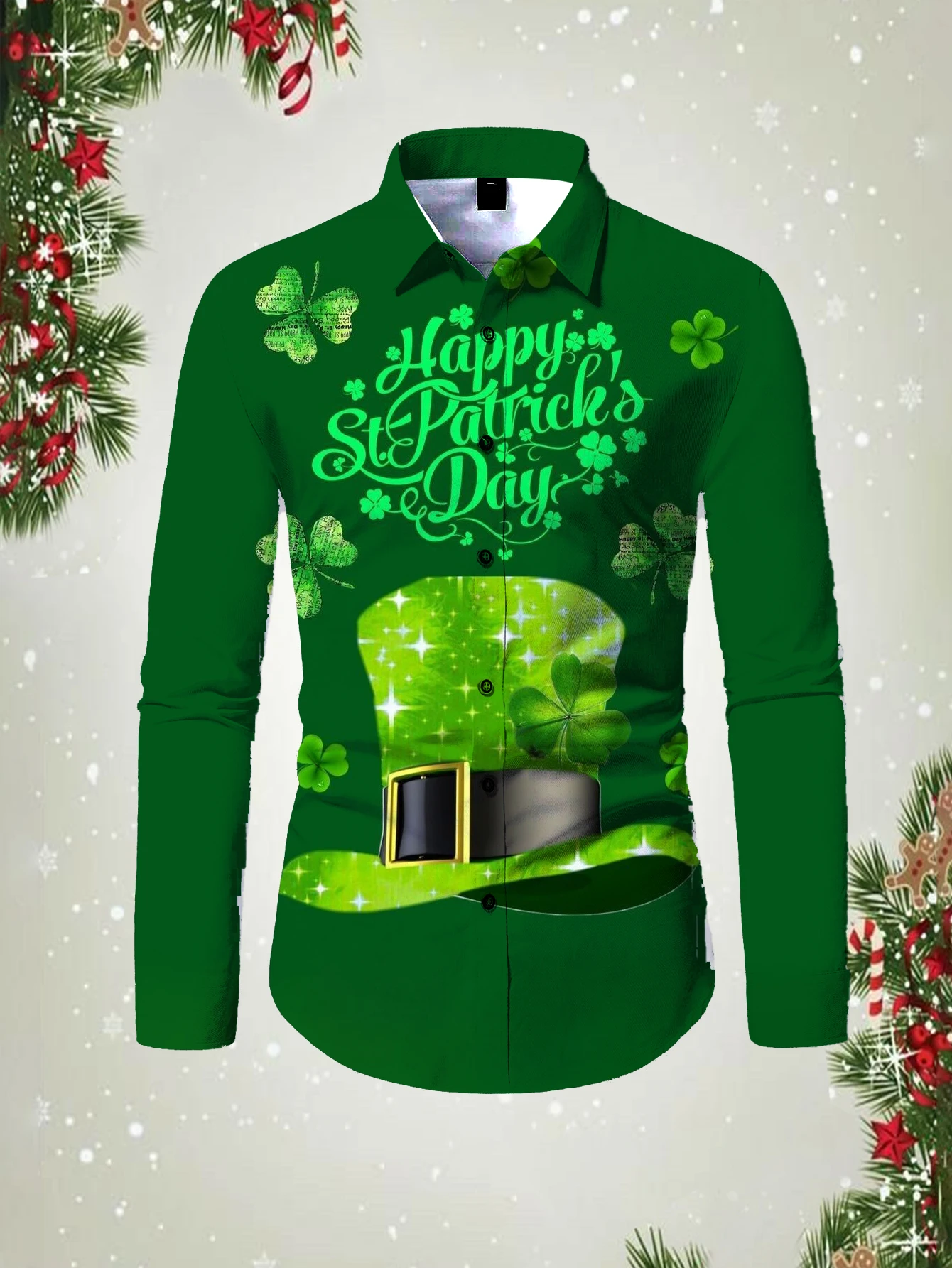 St. Patrick's Day Fashion Men's Casual Long Sleeve Shirts Breathable Tops Green Clover Stylish Pattern Full Sleeve Shirt