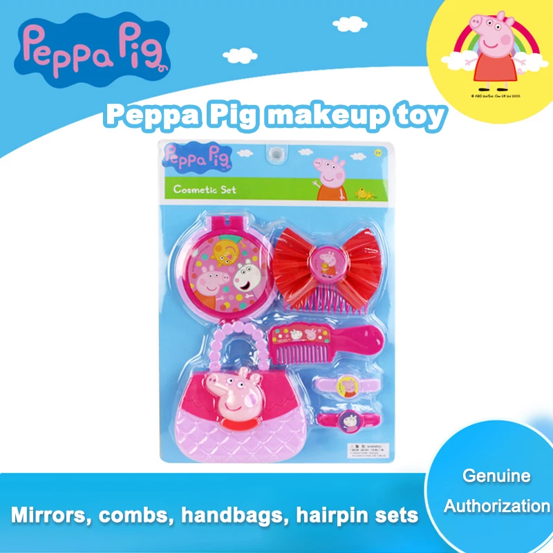 Caja de maquillaje de Peppa Pig para niños, juguetes de maquillaje, peine de espejo de imitación, bolsa de maquillaje, tocador de princesa,