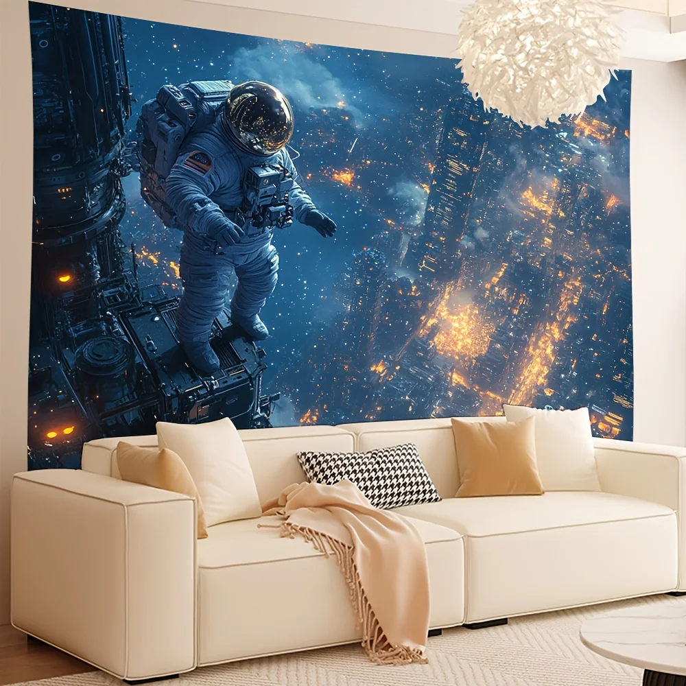Dramatic Sci Fi Cyberpunk Astronaut Exploring Futuristic High Rise Cityscape Night Tapestry Wall Art Poster Decor 180x280cm