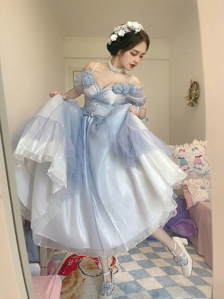 Sweet Elegant Gradual Blue Lolita Dress Women Flower Wedding Dress Light Rose Fairy Princess Dress