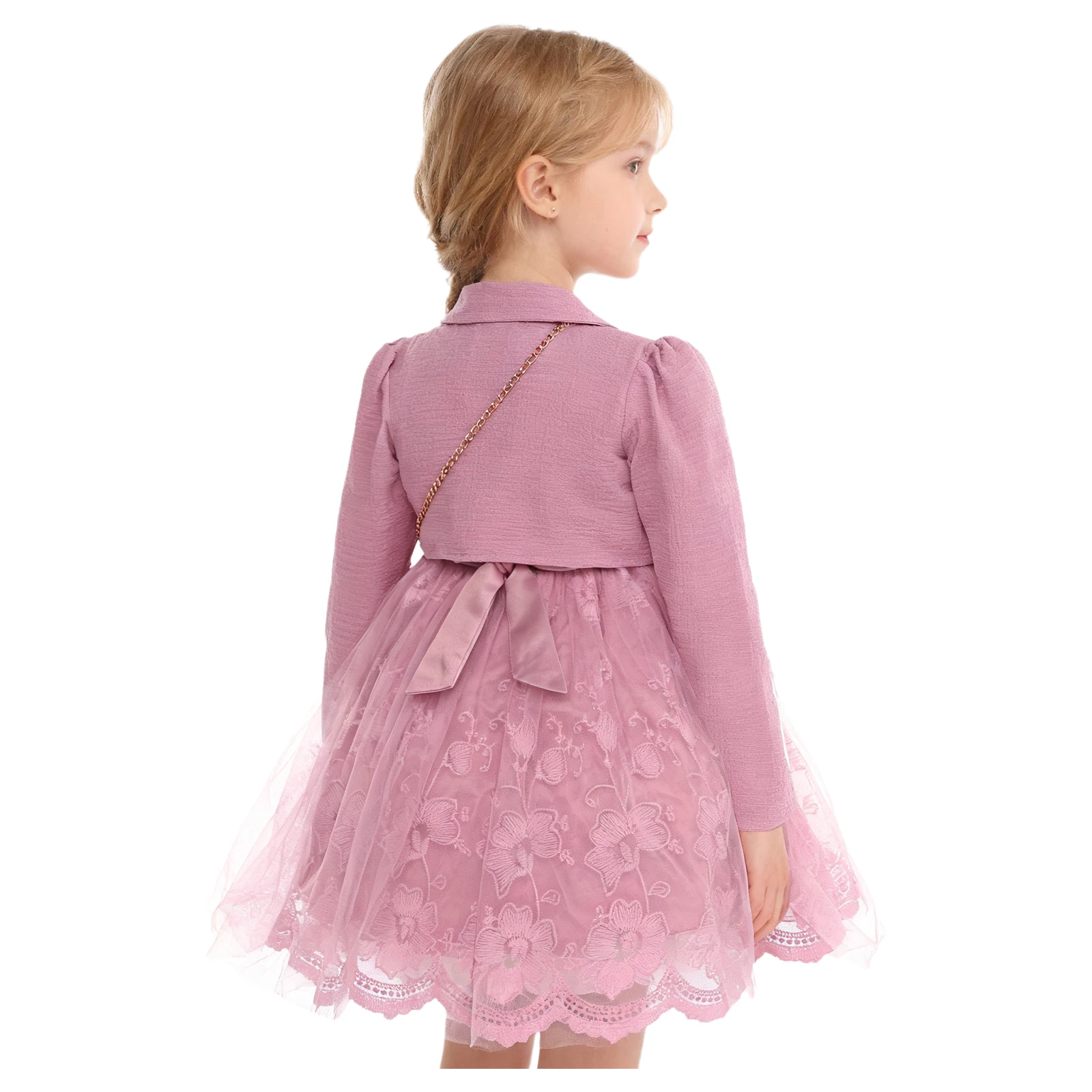 Flower Girl Elegant Princess Dress Sleeveless Floral Embroidered Tulle Gown with Cardigan Bag for Wedding Birthday Party Pageant