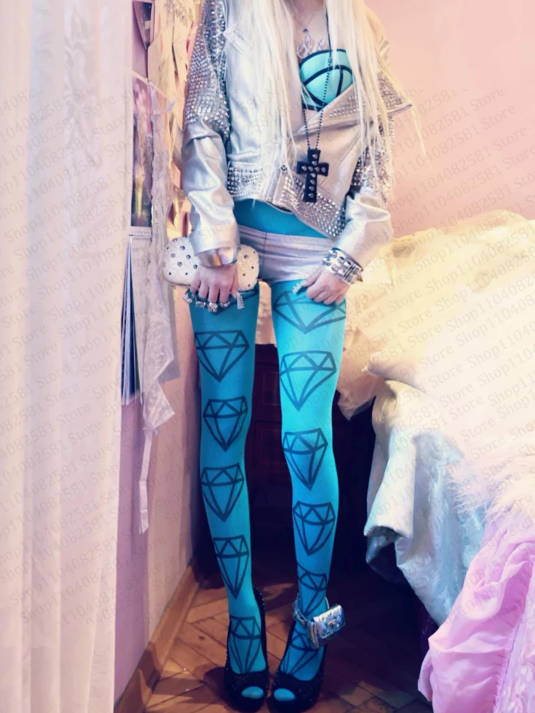 Chaussettes hautes pour femmes, style gothique américain rétro classique des années 2000, imprimé briques bleues, style niche, collants mignons Kawaii slim Lolita