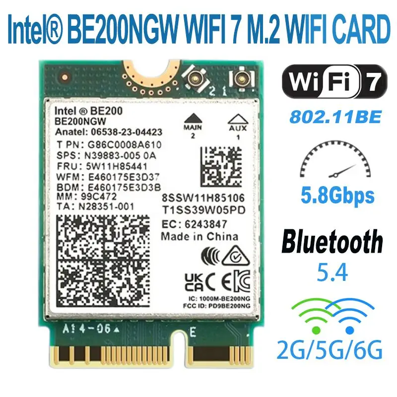 BE200 kartu jaringan Bluetooth 5.4, adaptor nirkabel lebih baik daripada Wifi 6E WIFI7, kartu jaringan Bluetooth 2.4 Tri Band 8774G/5G/6GHz Mbps BE200NGW M.2