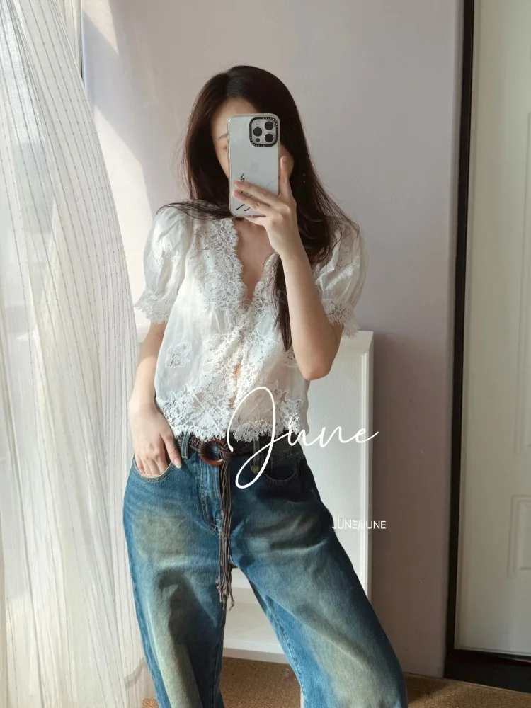 White Moonlight Heavy Embroidery Lace Patchwork V-Neck Linen Short Sleeve Shirt Women's Cute Style Princess Sweetness Summer Top