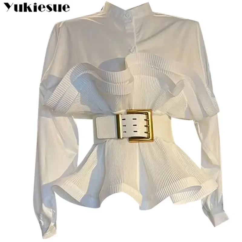 2022 Spring Autumn Fashion Tide New Koreanstytle Ruffle Ruched Shirt For Women Stand Collar Lantern Sleeve Sashes Casual shirt