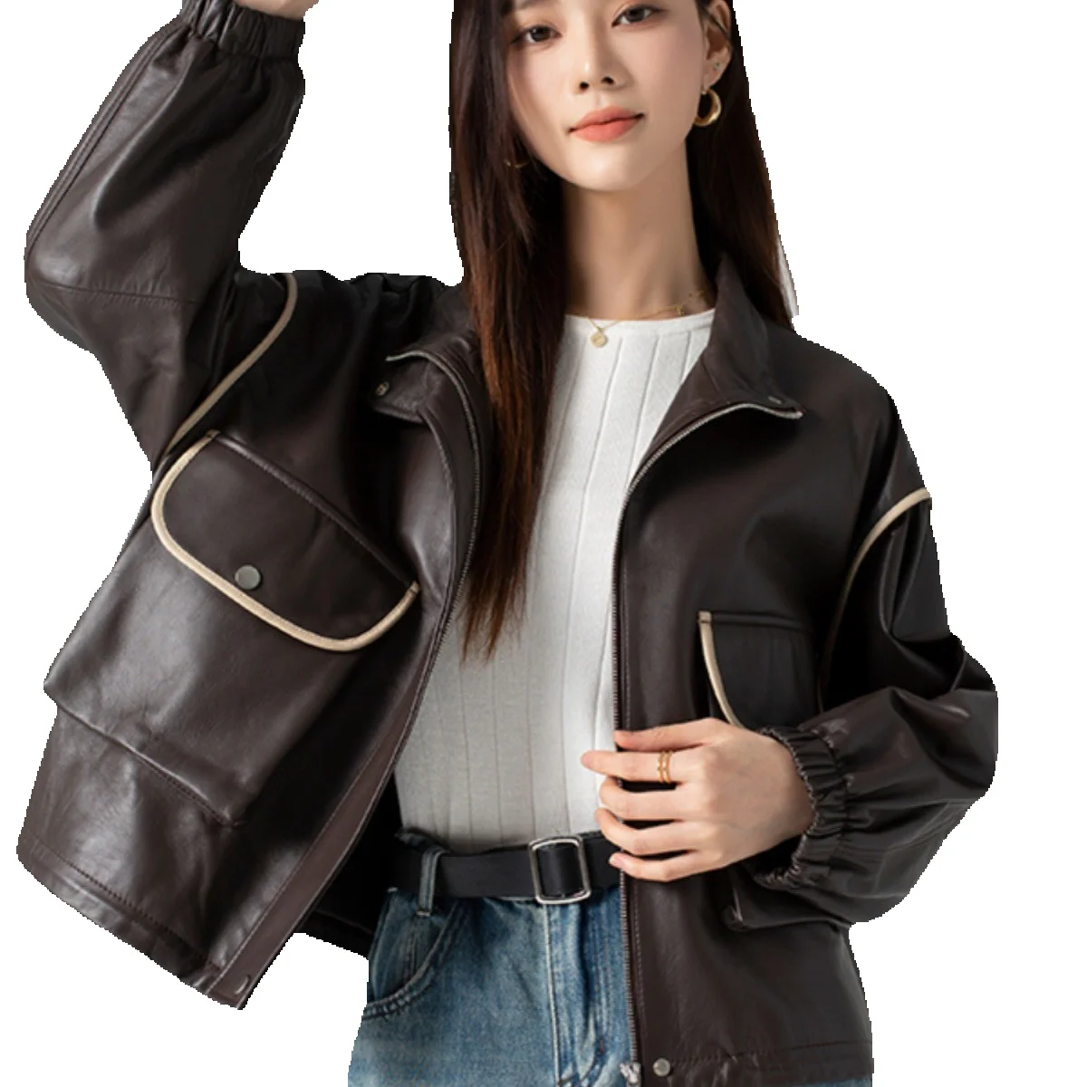 

Genuine Leather Sheep Skin Spring Short Outer Sleeve Loose Jacket Casual Women's Standing Collar Leather Jacket