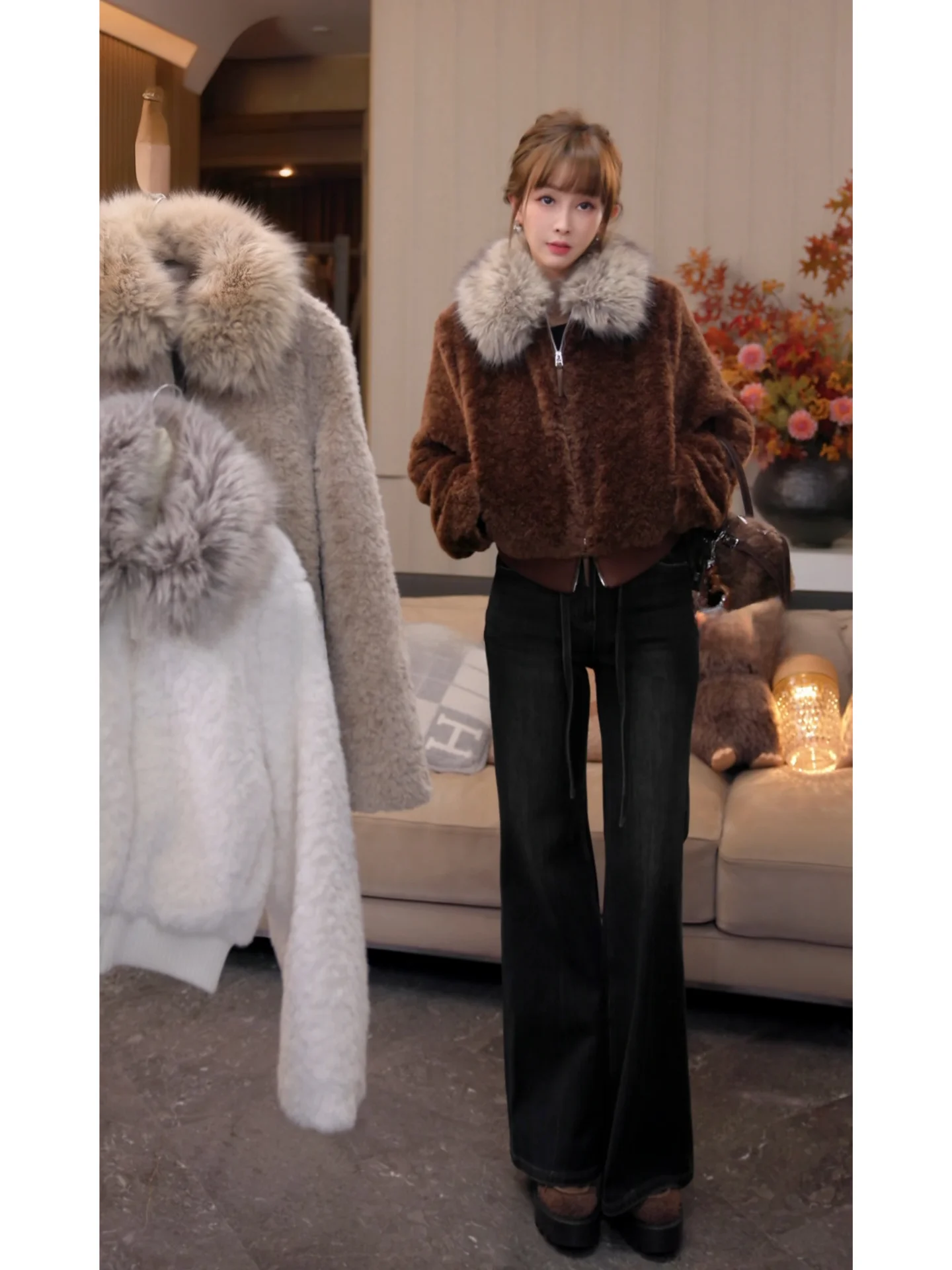 

Женская куртка Mimius Retro с двойной молнией, осенне-зимняя, новая, простая, стильная, модная, короткая, с большим меховым воротником, верхняя одежда