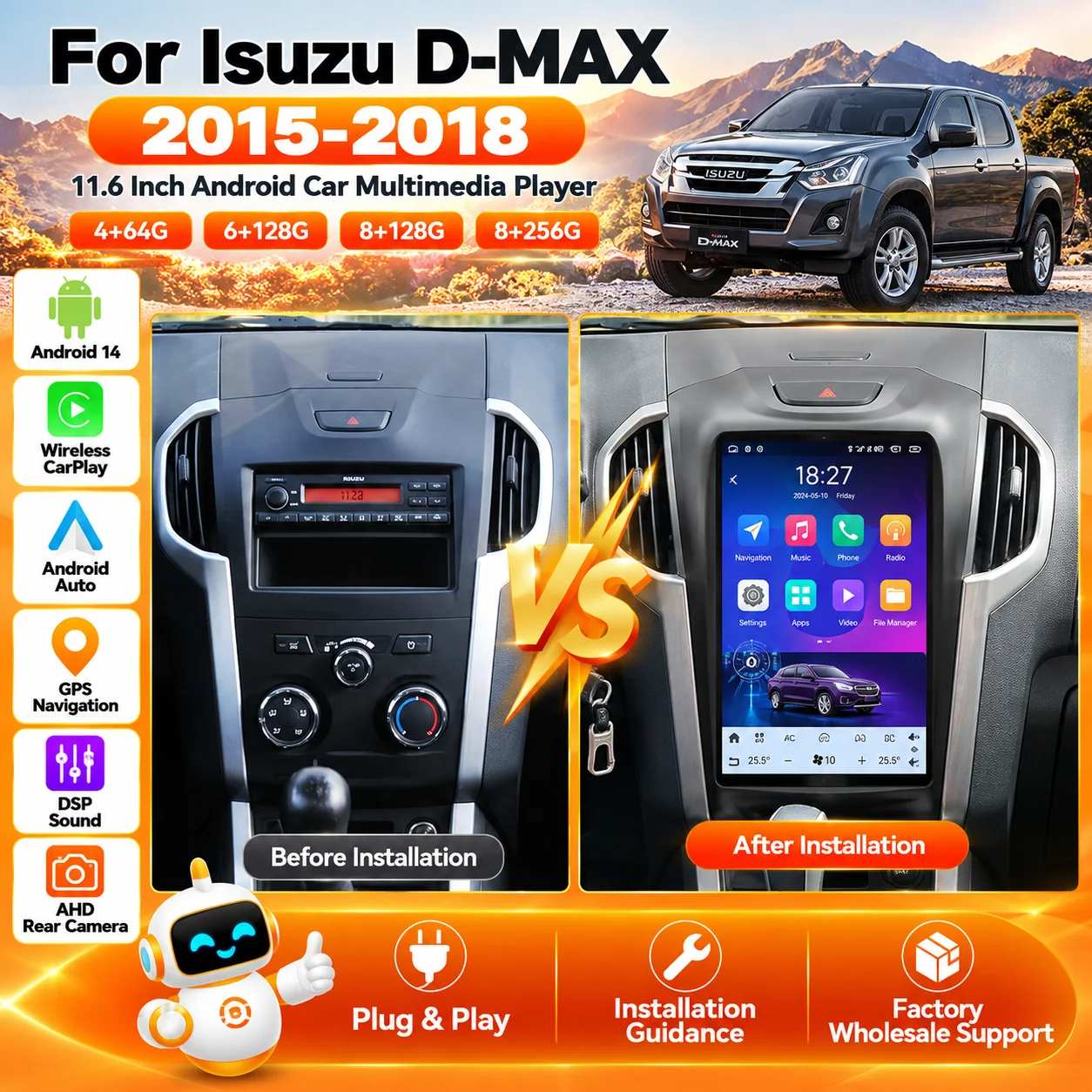 11.6'' Android 14 For Isuzu DMAX 2015-2018 Car GPS Navigation CarPlay HD Touch Screen Head Unit Multimedia Player Radio Auto