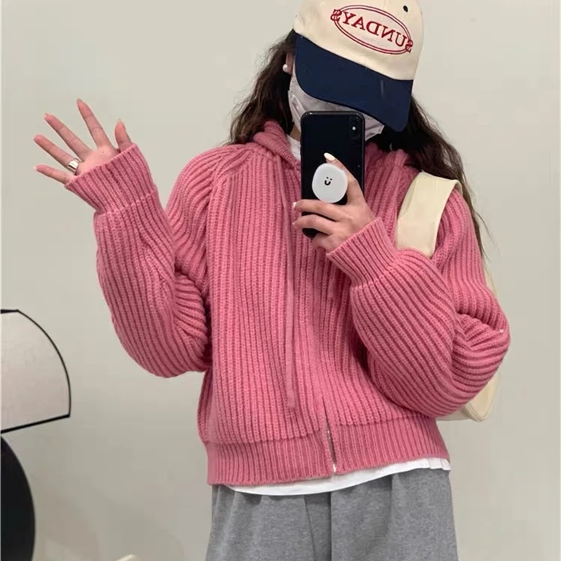 

Женский укороченный вязаный кардиган с капюшоном, свободный крой, повседневный стиль, осень-зима, новинка, свитер-жакет, удобная верхняя одежда