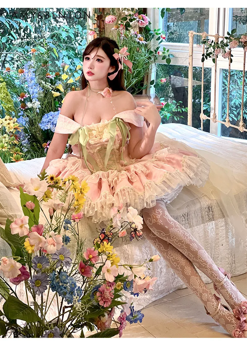 

Elegant Romantic Atmosphere Sexy Off Shoulder Dress for Women Fairy Style Evening Dresses Sweet Girl High Waist Slim Tutu Dress