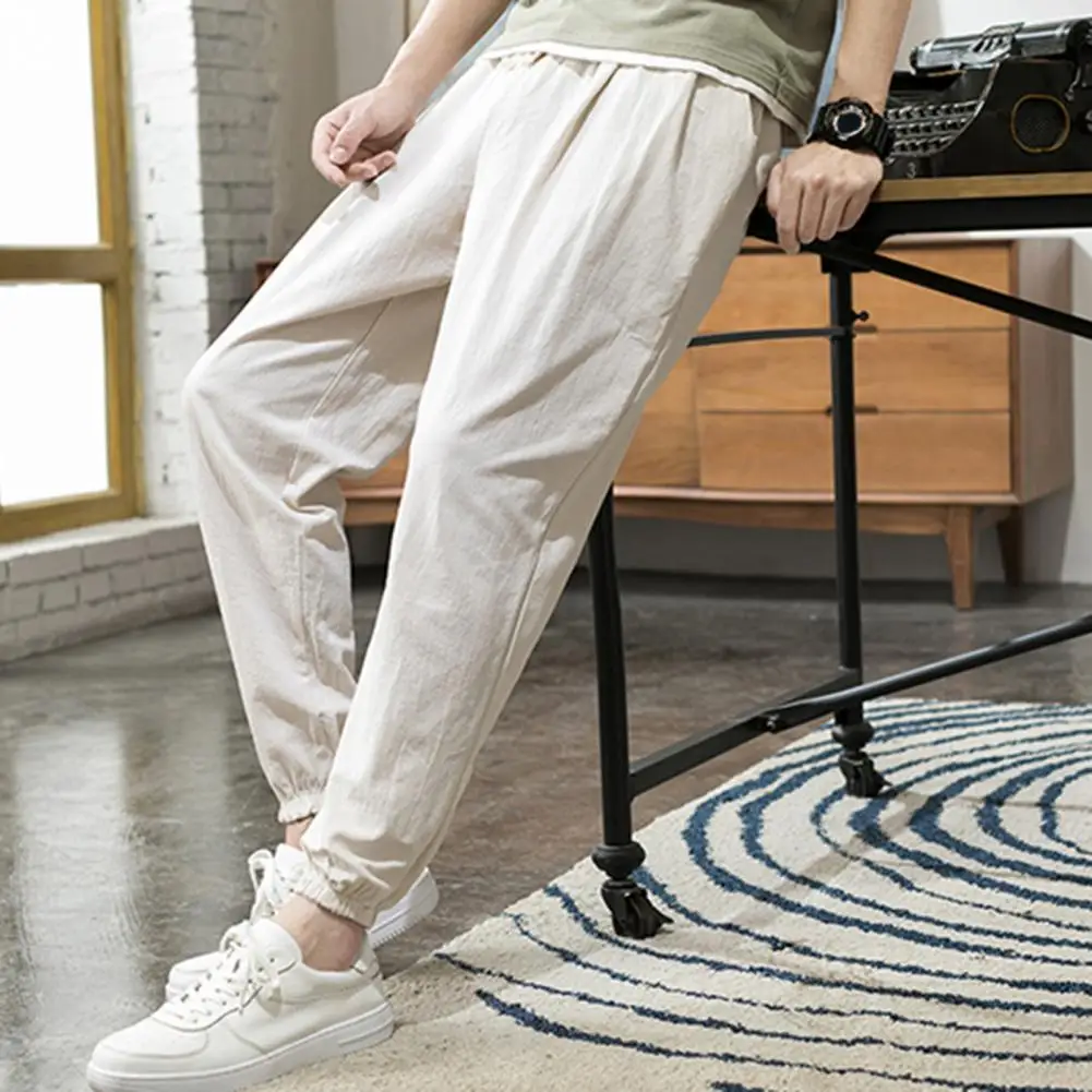 Long Pants Men's Mid-rise Drawstring Harem Pants with Pockets Casual Summer Streetwear Elastic Cuffs Solid Color Thin for A