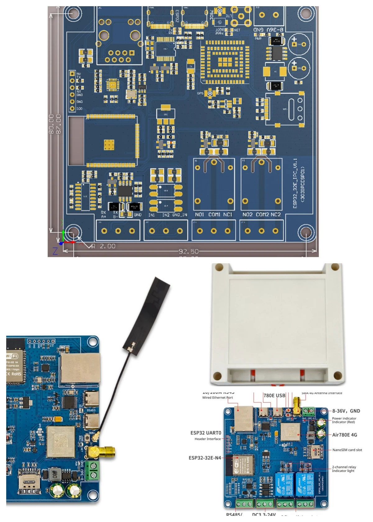 ESP32 Industrial Controller Edge Computing Ethernet WiFi BT 4G CAT.1 RS485 RS232 2DI 2DO Relay CH340 Type-C/DC8-36V Power Supply