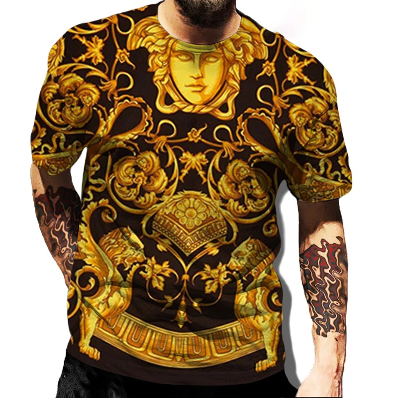 2024 Hot Selling Gold Printed T-shirt Short sleeved Summer Kids Adult Men's Fashion Short sleeved Top