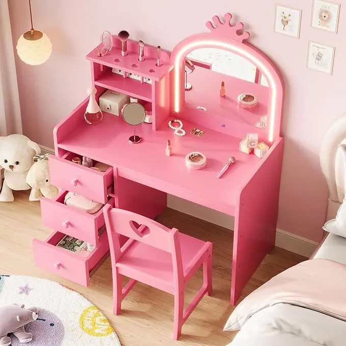 Kids Vanity with Lights, 2 in 1 Princess Makeup Vanity Desk & Chair Set, Toddler Vanity Table with Open Bookshelf for Girls image 5