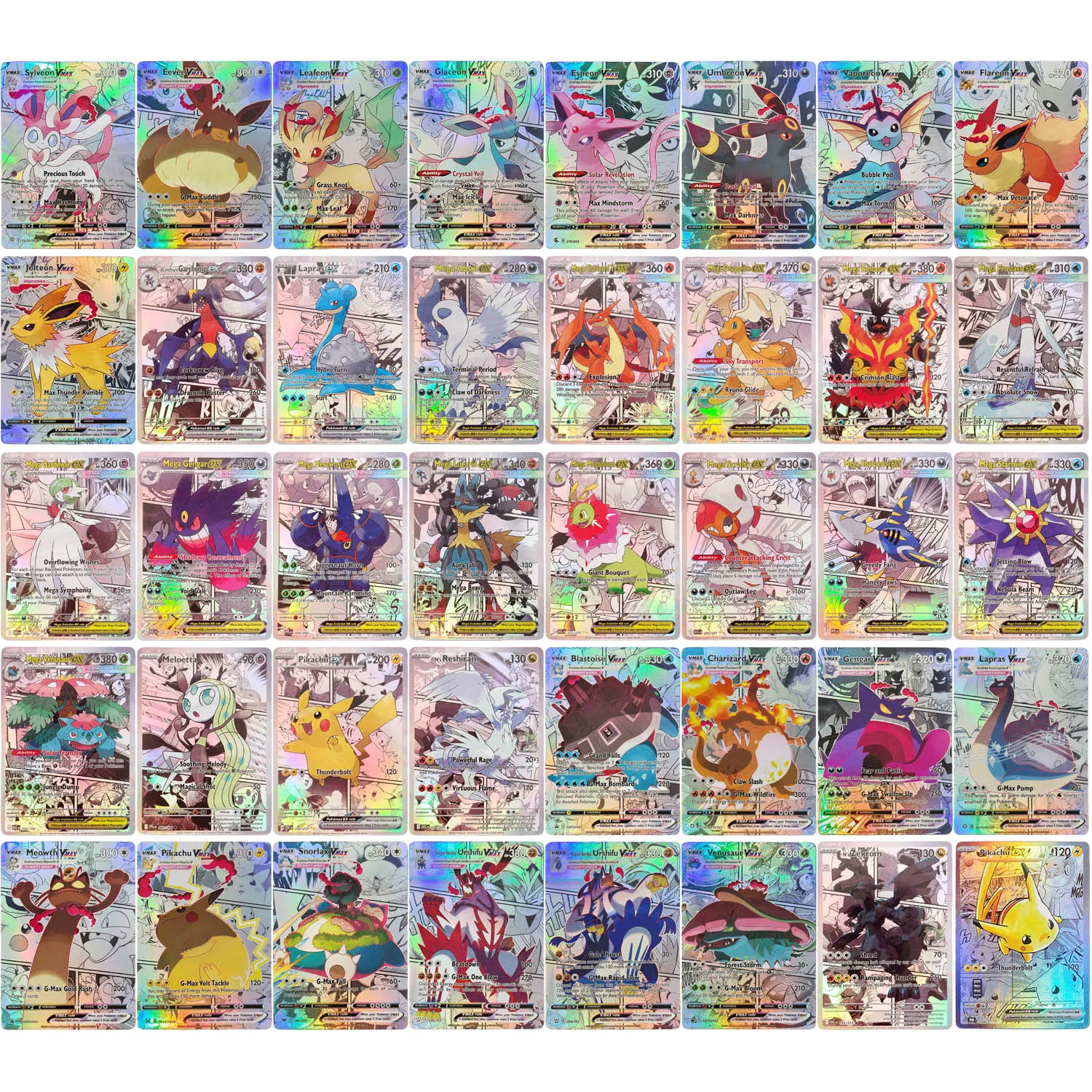 Selbstgemachtes Comic-Stil Englisch Charizard Eevee Umbreon Gengar Reshiram Blastoise Lapras Snorlax Meowth Spielkarten-Spielzeug