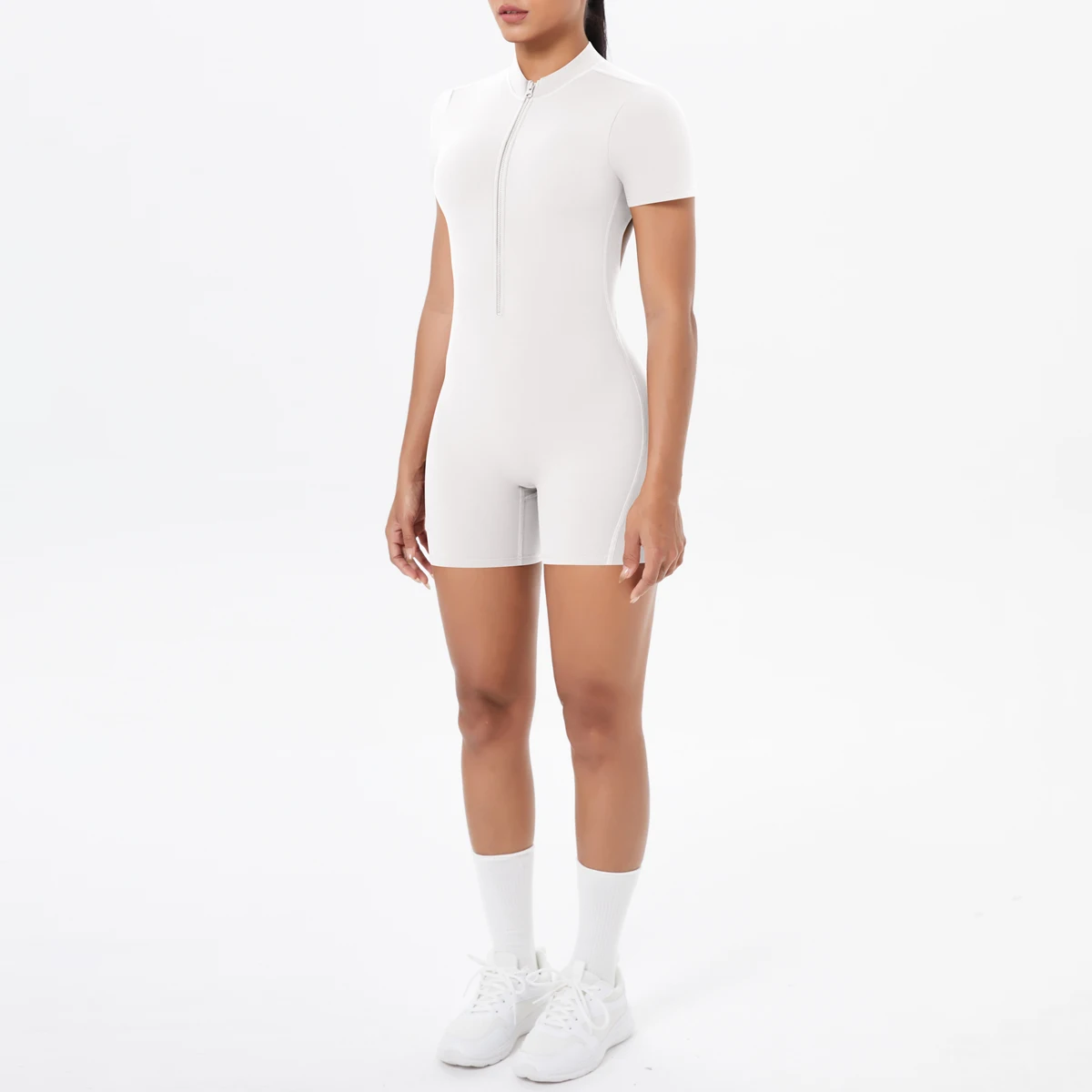 Ausgehöhlter, rückenfreier, kurzärmliger Reißverschluss-Overall für Damen, Overall, Yoga-Anzug, einteilige Legging, kurze Push-Up-Gymnastik-Yoga-Kleidung – Detail 11