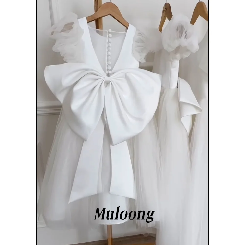 

Muloong O-Neck Tulle Flower Girl Dress with Back Big Bow Evening Dress Mini Wedding Party Dress