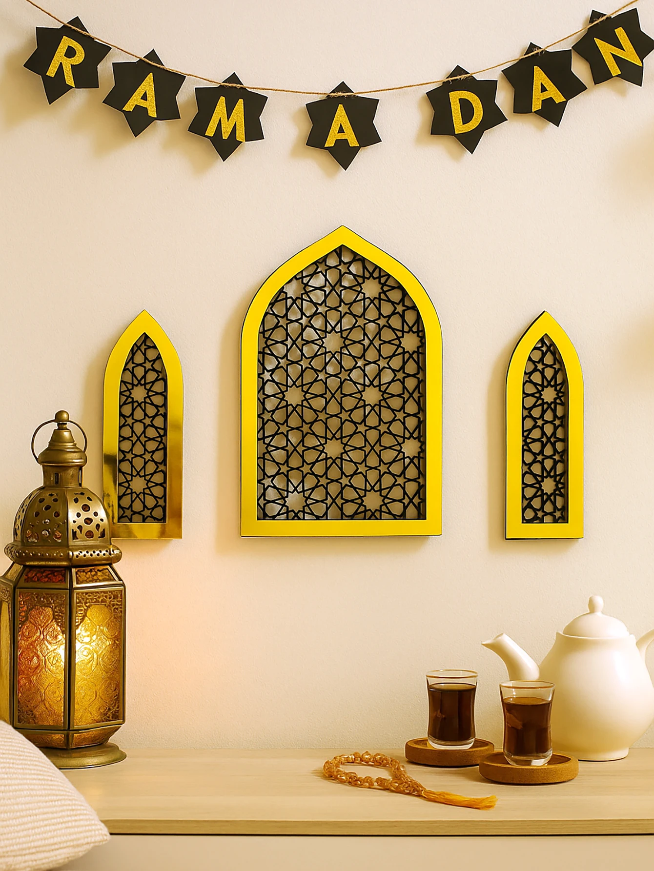 3pcs Ramadan & Eid Mubarak Islamic Arch Wall Decor Gold Black Wooden Geometric Pattern Wall Hanging Decoration Muslim Home Decor