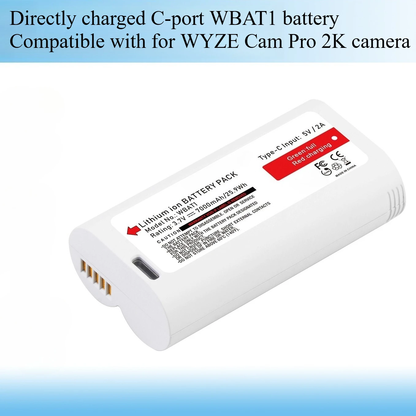 

7000mAh High Capacity WBAT1 Battery for Outdoor Security Camera Long Lasting Rechargeable Power with USB Cable Replacement