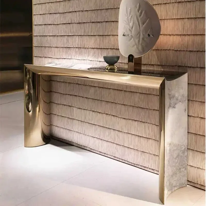 Italian light luxury modern stainless steel entrance table natural luxury stone end view shelf entrance hall partition