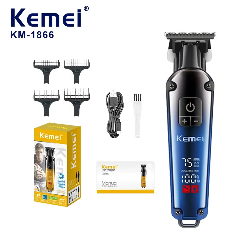 KEMEI KM-1866 Trimmer for Men with T-Blade Zero Gapped 7500RPM LCD Display 1200mhA Professional Barber Cutting Machines
