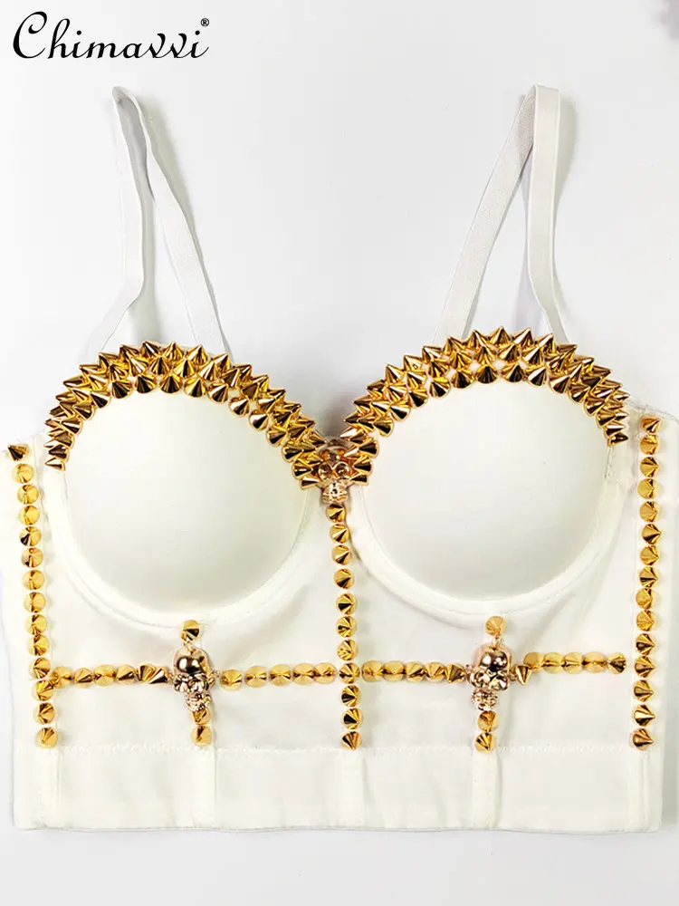 

Fashion Hot Girl Style Skull Head Decorative Camisole Female 2023 Spring and Summer New Retro Beaded Bra Fishbone Corset Top