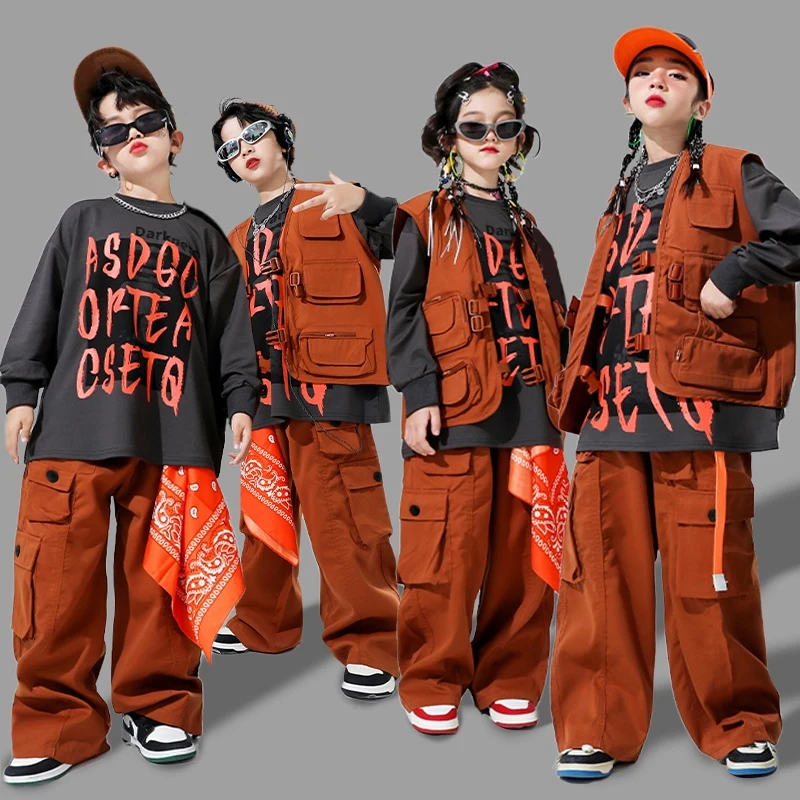 Jazz Dance Stage เครื่องแต่งกายเด็กเสื้อผ้าเสื้อ Hip Hop สีน้ําตาล Shuffle กางเกง Cool Streetwear ชายหญิง Street Dance เสื้อผ้า 1419