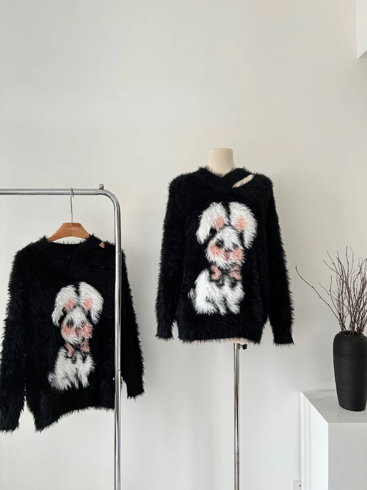 2023 Winter Kawaii Print Knitted Top Women Casual Long Sleeve Sweet Sweater Blouse Outwear Oversize Korean Fashion Y2k Clohting