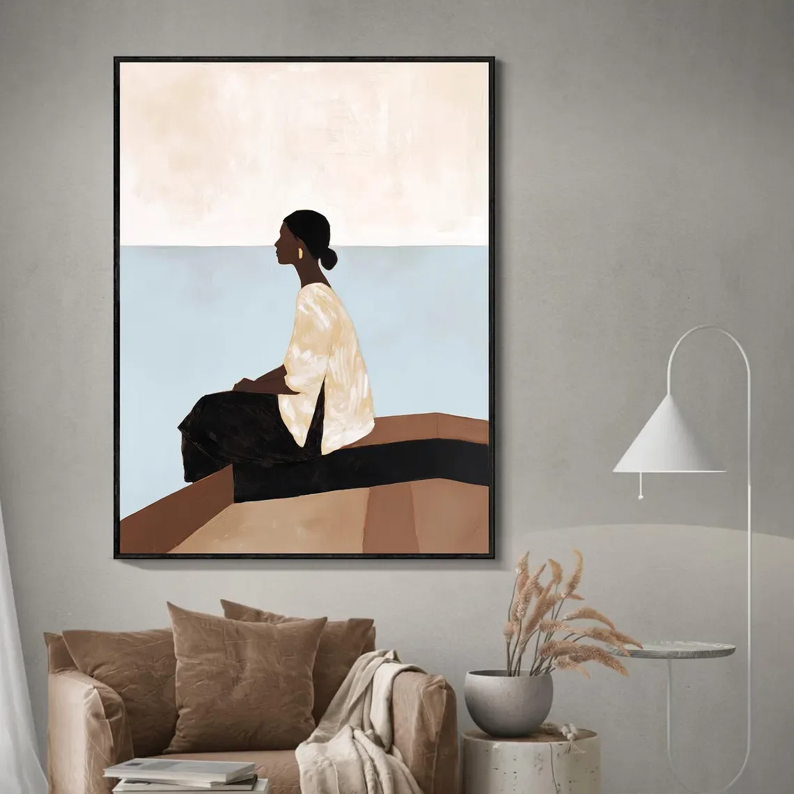 Woman By Horizon Coastal Painting, Original Hand-Painted Earth Tone Canvas, Minimalist Landscape Wall Art, Large Modern Neutral