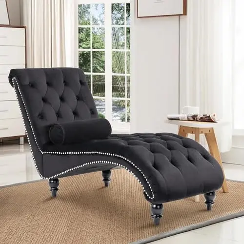 Chaise longue capitonnè in velluto con gambe in legno, divano reclinabile per interni blu
