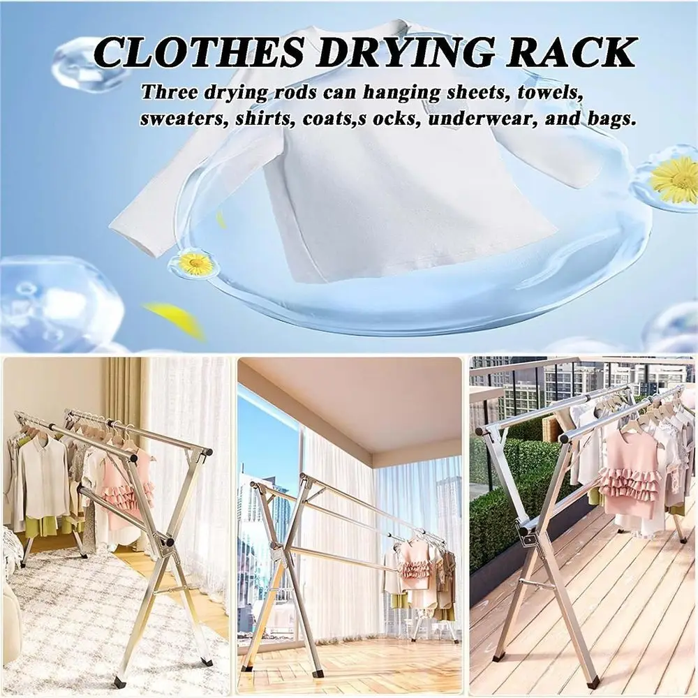 Sturdy Indoor/Outdoor Adjustable Stainless Steel Clothes Drying Rack with Removable Hanger for Balcony Use
