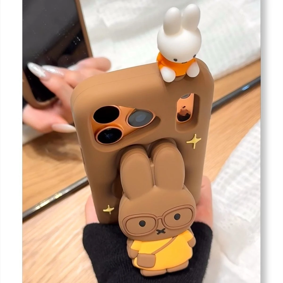 Kawaii Miffy 3D Brown Bracket Case for IPhone 17 Pro Max 16 15 14 13 14 Pro Soft Silicone Cover for Women Cartoon New Style