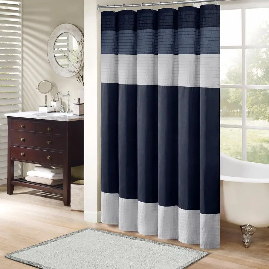 

Amherst Bathroom Shower Curtain Faux Silk Pieced Striped Modern Microfiber Bath Curtains, 72x84 Inches, Navy