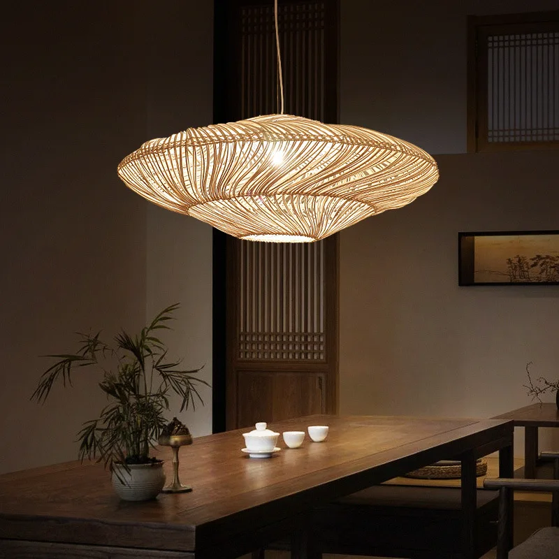 Creative Bamboo Woven LED Chandelier Adjustable Height for Living Dining Bedroom Tea Room Zen New Chinese Style Rattan Middle