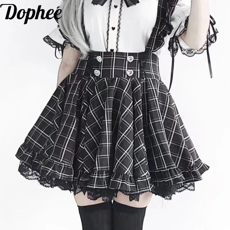 

Dophee Japan Styles 3 Meter Large Skirt Hem Strap Skirt Water Diamond Love Button Elegant Lace Splicing Checkered Stripes Skirts