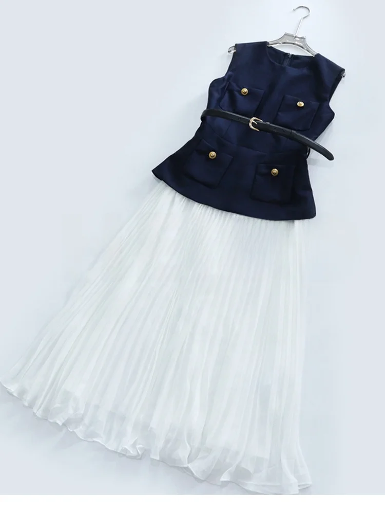 Heidd SP2025 Summer Blue And White Stripe Satin Svel Dr High Waist A-Line Long Dr Commute Sle Pure Color round ...