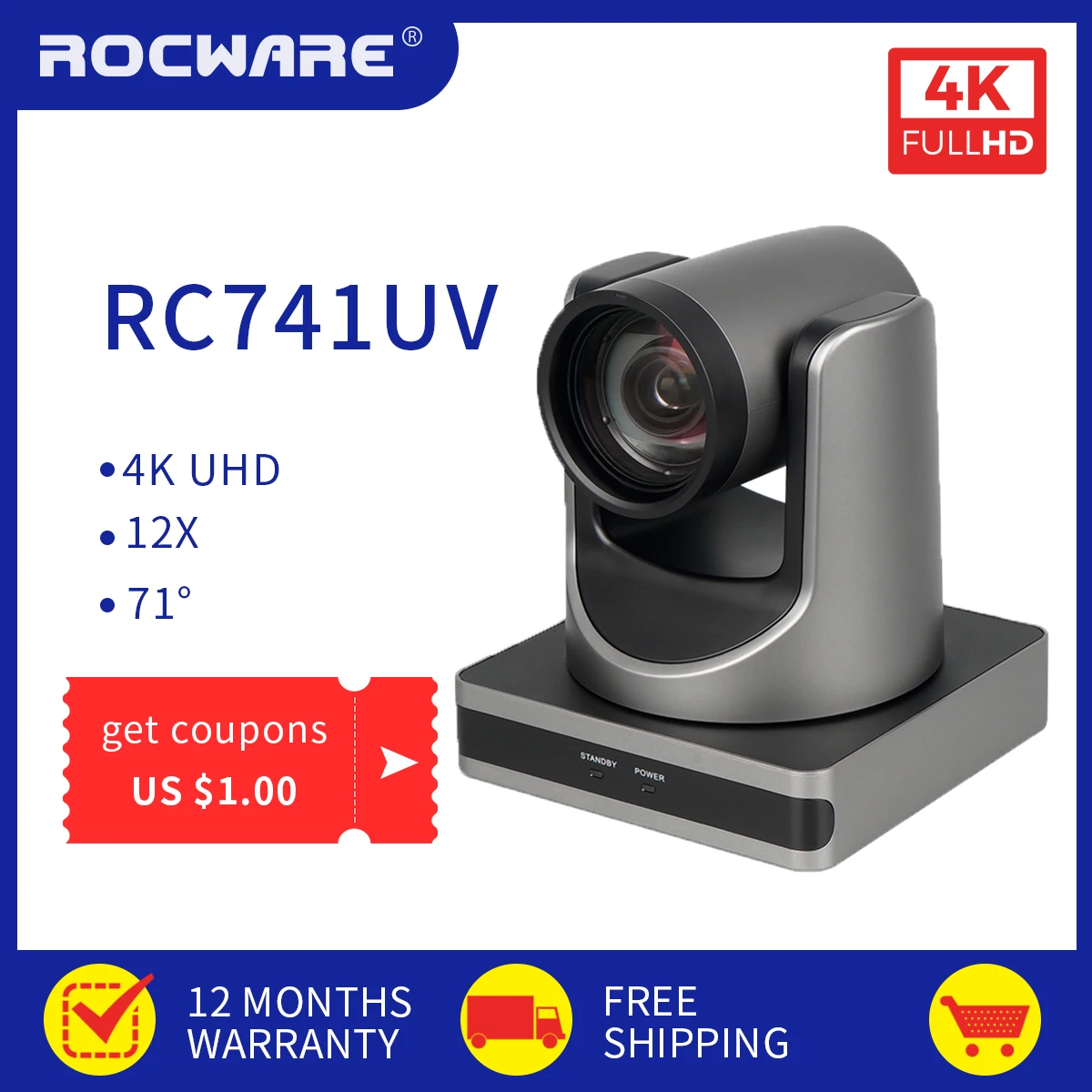 

ROCWARE RC741UV 4K UHD USB видеокамера для видеоконференций USB3.0 PoE 71 ° широкоугольная PTZ видеокамера